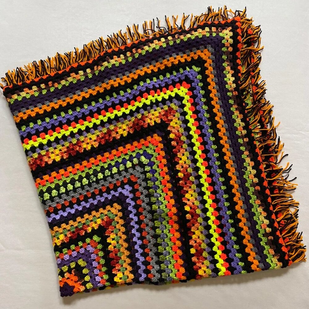 Halloween Granny Square Afghan Blanket Crochet Lap Throw Colorful Handmade
